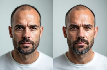 Fototapeta premium Man with thinning hair on left side compared to fuller hair on right. Male shows contrast before and after hair treatment. He has beard stubble, serious look.