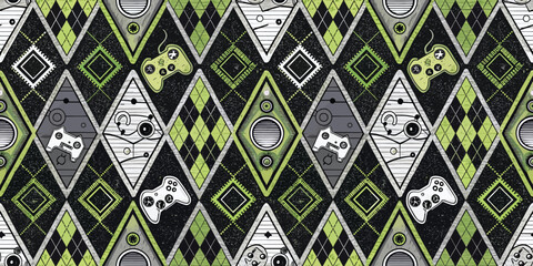 Colorful geometric pattern featuring gaming controllers and shapes in shades of green, black, and white.