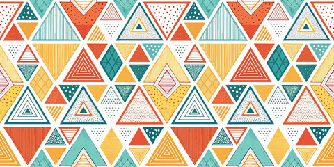 Colorful geometric pattern featuring triangles in vibrant shades of orange, teal, and yellow.