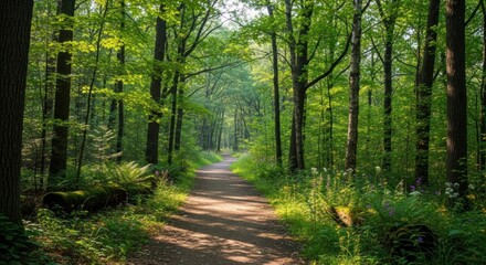 Fototapeta premium A serene forest path with lush green trees and a clear blue sky, illuminated by soft sunlight, leading to a distant horizon.