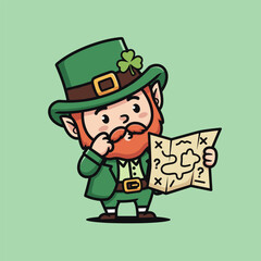 Cartoon Leprechaun Contemplating a Treasure Map on St. Patricks Day.