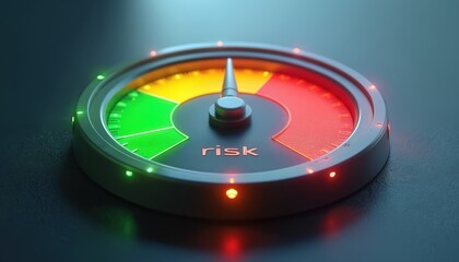 Risk meter shows high danger level in red zone. Gauge indicates alert status with yellow and green low risk areas. Indicator needle points towards maximum danger.