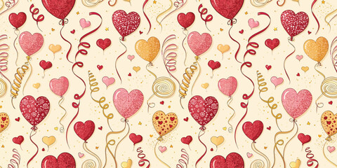 Colorful heart balloons and confetti decorate a festive background, perfect for celebrations.
