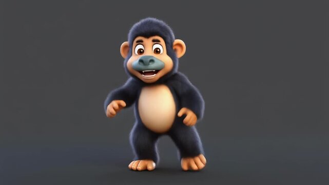 Cute 3D rendered cartoon baby gorilla standing and smiling happily on a plain background.