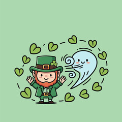 Leprechaun and Wind Spirit Surrounded by Shamrock Hearts.
