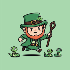 Cartoon Leprechaun Chasing Snakes with a Shillelagh on St. Patricks Day.