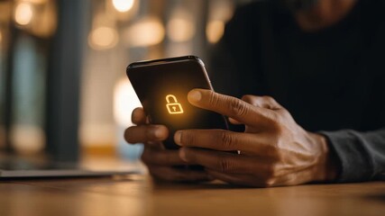 A person interacts with a smartphone displaying a bright lock icon, emphasizing cybersecurity and privacy awareness. The warm blurred background suggests a secure, modern digital environment - Powered by Adobe