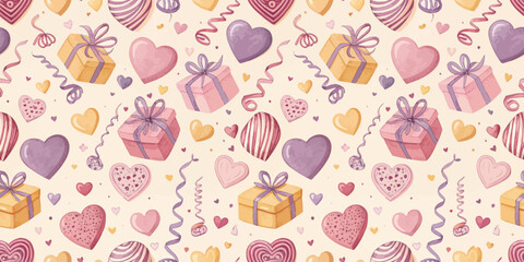 Colorful patterned backdrop with gifts, hearts, and festive elements in shades of pink and purple.