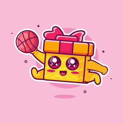 cheerful gift box character mascot playing basketball isolated cartoon