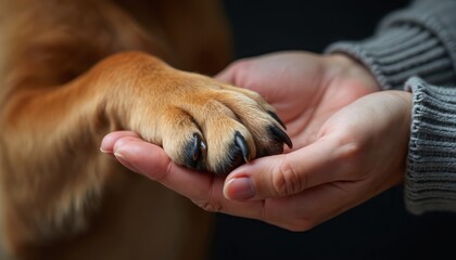 Close-up of human hands cradling a furry dog paw. Represents deep bond, love, and pet companionship. Symbolizes trust, care, and connection between owner and animal friend.