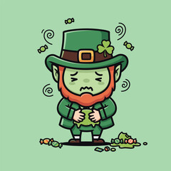 Sick Leprechaun Cartoon Character After Eating Too Much Candy.