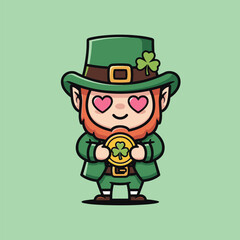 Charming Leprechaun Cartoon Character Holding Gold Coin with Heart Eyes.
