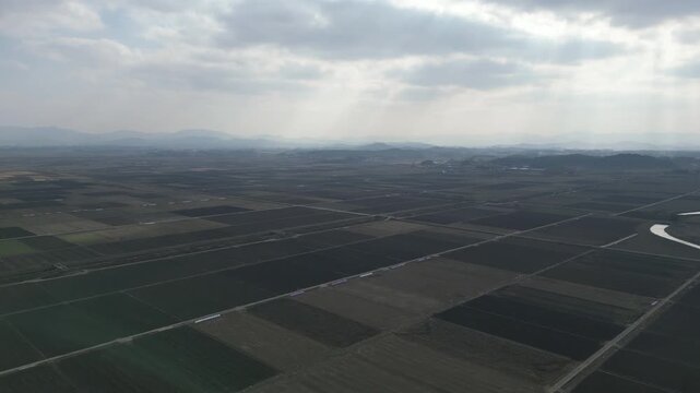Aerial Footage of the Empty Rice Fields and Farmland in Gimje, Korea