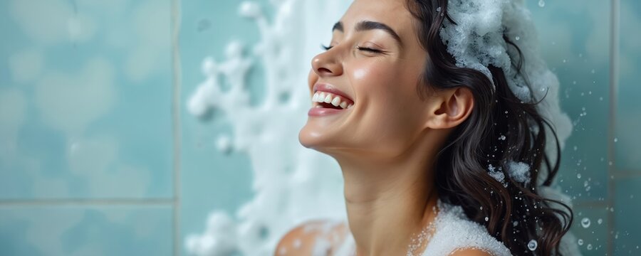 Young woman enjoys shower with shampoo foam in hair. She laughs joyfully, feeling refreshed and clean. Wet hair cascades, bubbly suds cover her skin. Pure bliss and hygiene. - Powered by Adobe