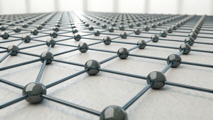 A 3D representation of interconnected nodes and lines, resembling a geometric network or lattice structure, showcasing a modern design aesthetic.