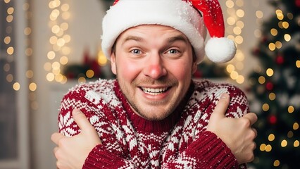 Smiling man in Santa hat hugging himself in cozy indoor Christmas setting
