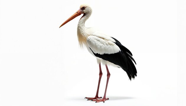 White stork stands on white background. Bird has long beak, white neck feathers and black wing tips. Bird is elegant and majestic. This bird represents new life, hope, and family.