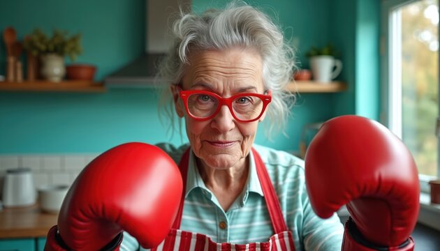 Elderly woman wears red boxing gloves and apron in a kitchen. She looks confident and ready for a challenge. Concept of strength resilience and humor in domestic life.