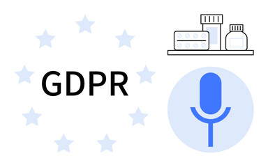 Data privacy, compliance, healthcare security, voice recognition, personal data management, online privacy. Text GDPR, microphone icon and medical items. Data privacy and compliance