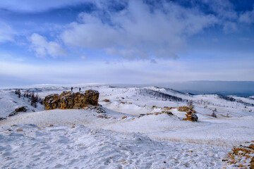 Tazhenranskaya steppe in winter on west coast of Lake Baikal, Siberia