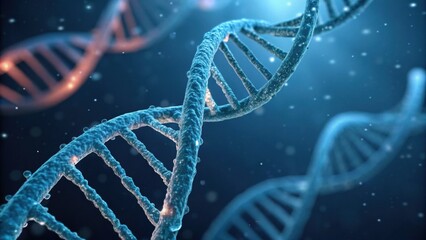 A close-up view of a DNA double helix structure illuminated in blue and red tones against a dark background, representing biological science and genetics.