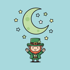 Charming Leprechaun Under a Crescent Moon with Sparkling Stars.