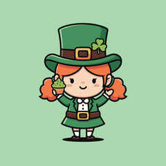 Cute Cartoon Leprechaun Girl Celebrating St. Patricks Day with Cupcake.