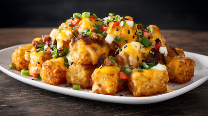 Loaded Tater Tots with Cheese and Toppings, Comfort Snack Concept