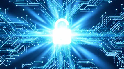 Glowing blue padlock centered among neon circuit traces, symbolizing secure digital networks now!!!! - Powered by Adobe