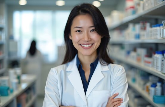 Asian female pharmacist smiles in white lab coat. Pro worker stands in pharmacy store, arms crossed among shelves stocked with medicines. Health care expert helps customers inside drug shop.