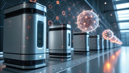 A futuristic scene featuring metallic storage units and a digital virus representation, emphasizing technology and biotechnology advancements.