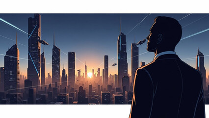 Businessman in silhouette gazing at a futuristic city skyline with flying vehicles and glowing lines symbolizing innovation and urban development at sunrise