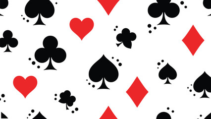 Playing card suit pattern, spades hearts diamonds clubs on white background, seamless casino design, gambling texture, flat vector illustration