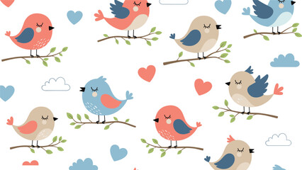 Cartoon bird pattern with pastel branches, hearts and clouds, whimsical children&rsquo;s design, seamless texture art, flat vector illustration