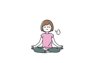 あぐらをかいて深い呼吸をする女性のイラスト
