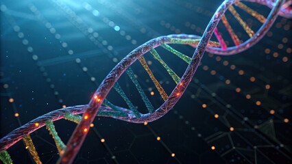 A vibrant, digital depiction of a DNA double helix, showcasing colorful strands against a dark background, symbolizing genetics and biotechnology.