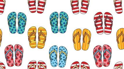 Colorful flip-flop pattern, summer footwear design with stripes, polka dots, cherries, seamless beach texture, flat vector illustration