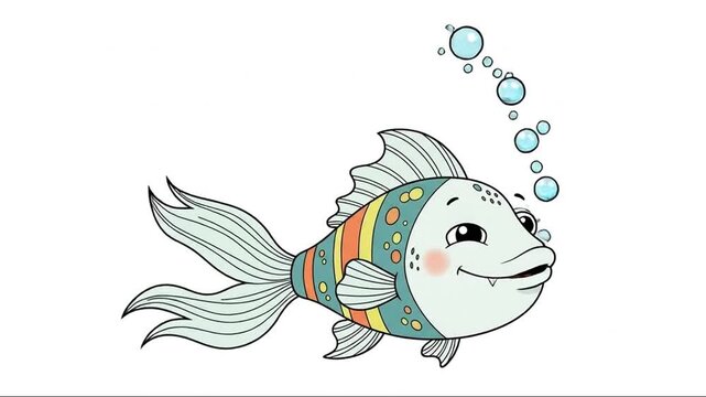 Animated cartoon fish with bubbles in a lively underwater scene for children videos