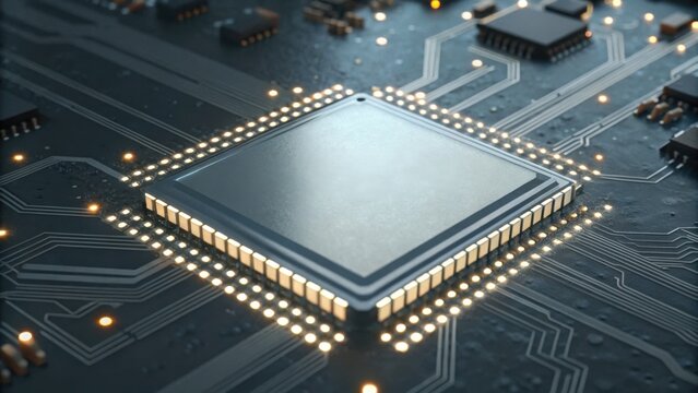 A close-up view of a microchip on a circuit board, showcasing intricate connections and glowing components in a high-tech setting. - Powered by Adobe