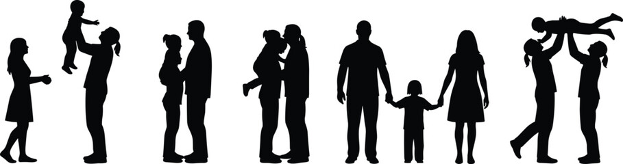 Happy family silhouettes collection showing parents children bonding holding hands lifting kids isolated black vector icons for lifestyle illustration stock