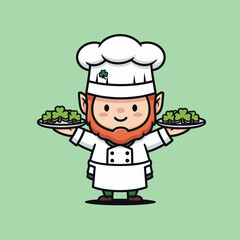 Leprechaun Chef Serving Shamrock Dishes for St. Patricks Day.