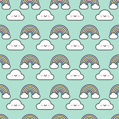 Seamless Pattern of Clouds and Rainbows on a Mint Background.