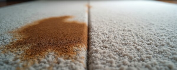 Dirty carpet section marked with brown stain next to clean pale floor covering. Shows contrast after deep cleaning, dirt removal, home refresh.