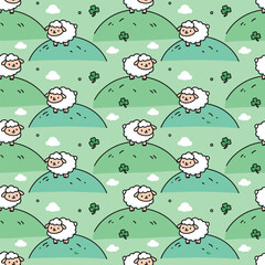 Seamless Pattern of Cute Sheep on Green Hills.