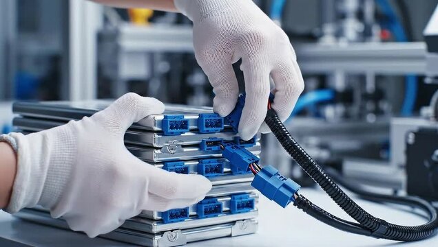 Battery Pack Assembly - Worker Connecting Modules in Production.