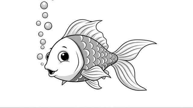 Animated Black and White Fish Character Featuring Expressive Facial Features and Detailed Scale