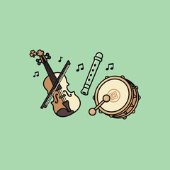 Musical Instruments - Violin, Flute, and Drum with Music Notes.