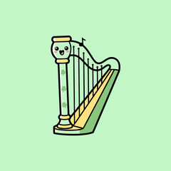 Cute Cartoon Harp with Smiling Face and Musical Note.