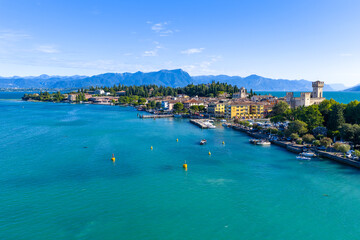 Fototapeta premium Aerial view of Sirmione peninsula on Lake Garda - Sirmione, Italy