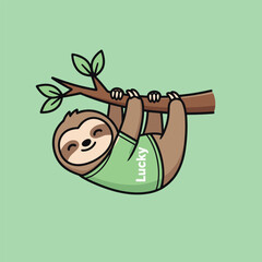 Cartoon Sloth Hanging on Branch Wearing Lucky Shirt.
